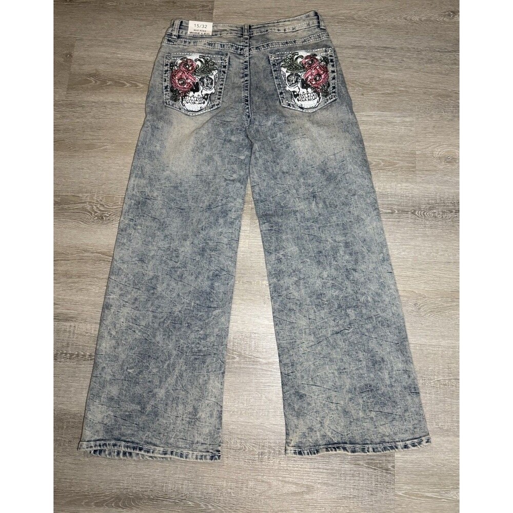TELEPATIA Women's Mid Rise Wide Leg Jeans Distressed Embellished Pockets Size 15